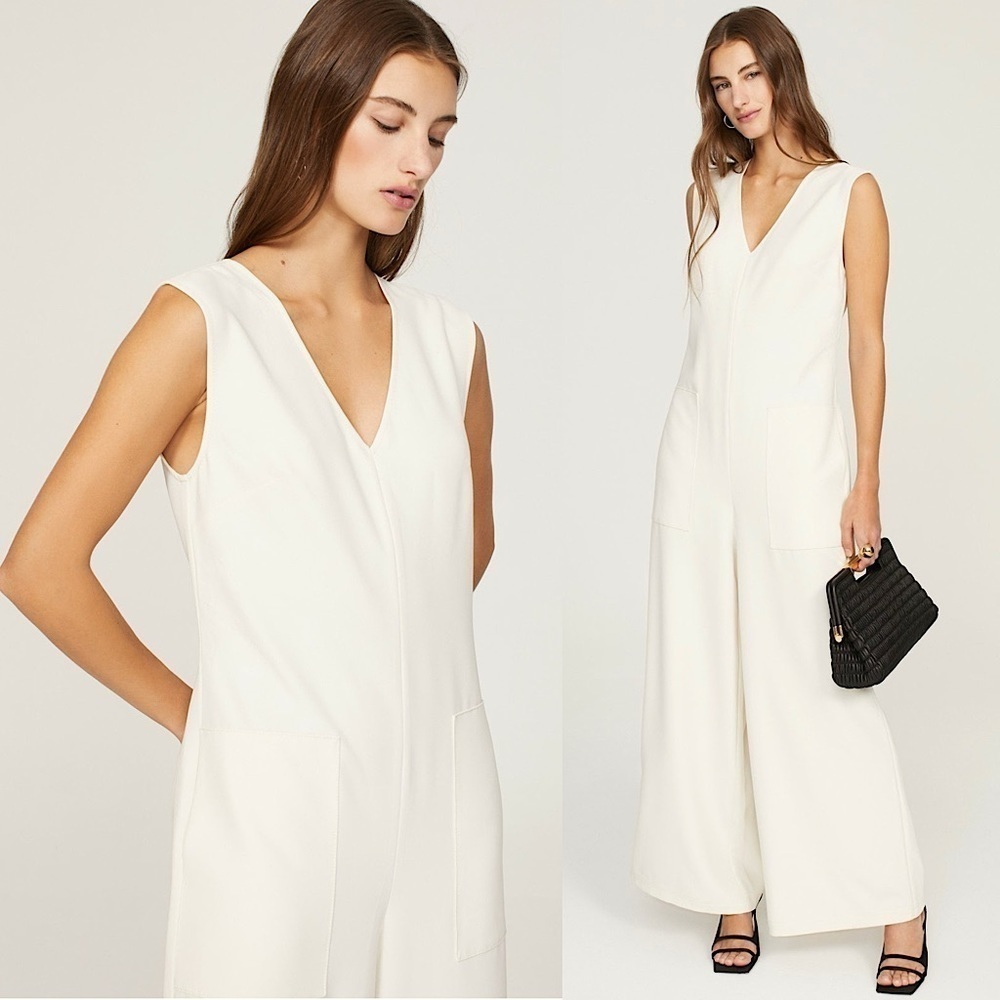 Marina Moscone Ivory Twill Sleeveless V-Neck Wide Leg Ankle Cropped Jumpsuit 2